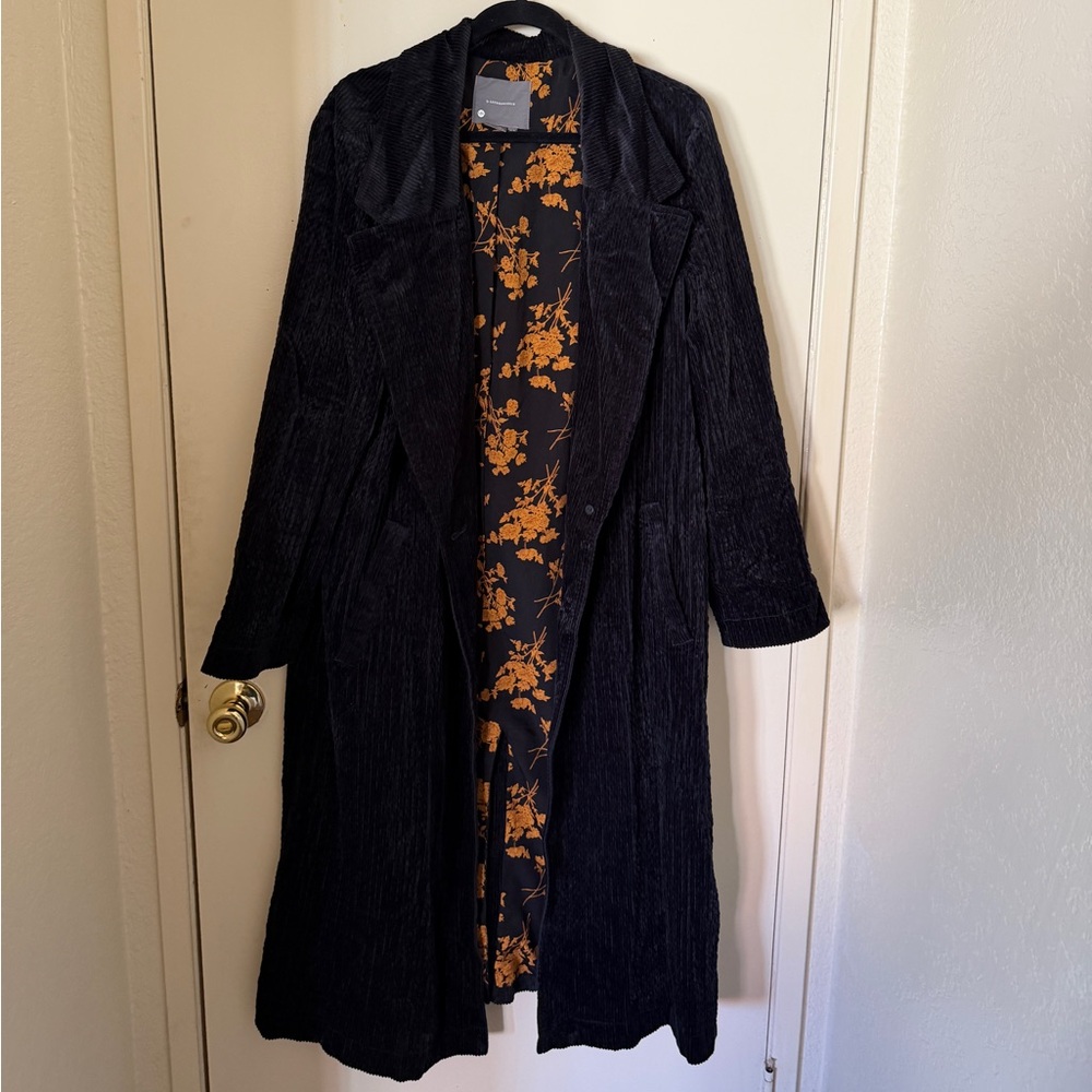 Anthropologie Black Velvet Coat with Mustard Floral Lining